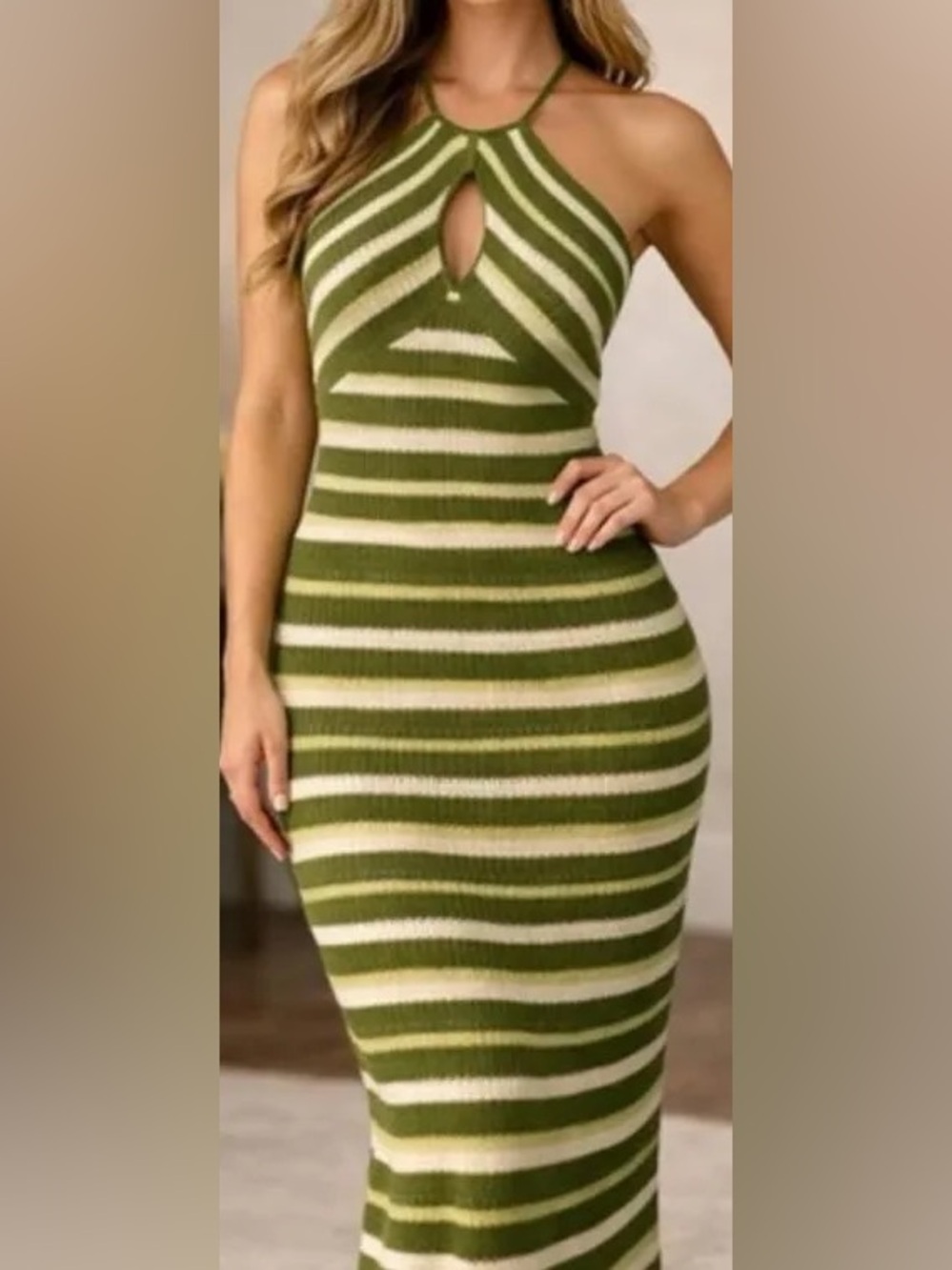 Sincerely Jules Green and White Striped Bodycon Knit Halter Dress Size S